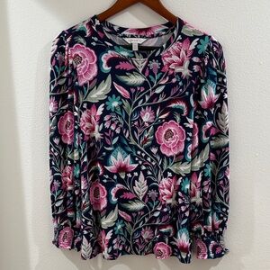 Crown & Ivy Floral Blouse - Pink and Green on Navy